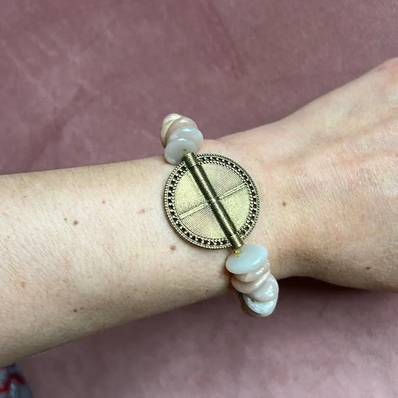 Broken Vintage Pink Opal semi-precious gemstone with brass labyrinth Charm. - Picture 4 of 8